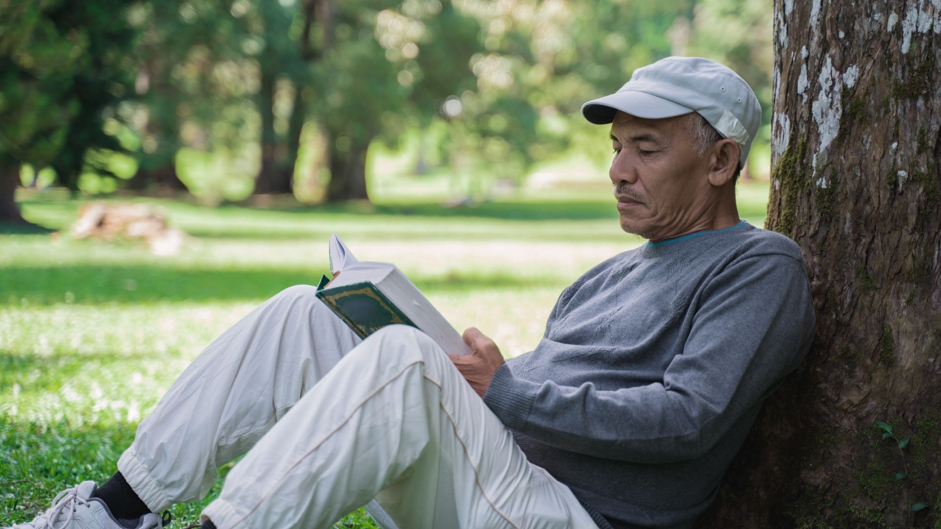 starszy mężczyzna siedzący przy drzewie czyta książkę